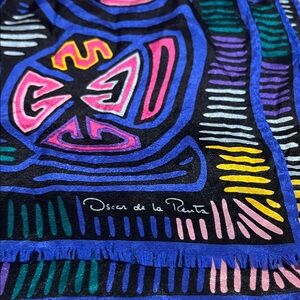 Oscar de la Renta Colorful Geometric Scarf Blue Pink Multicolor Fringe